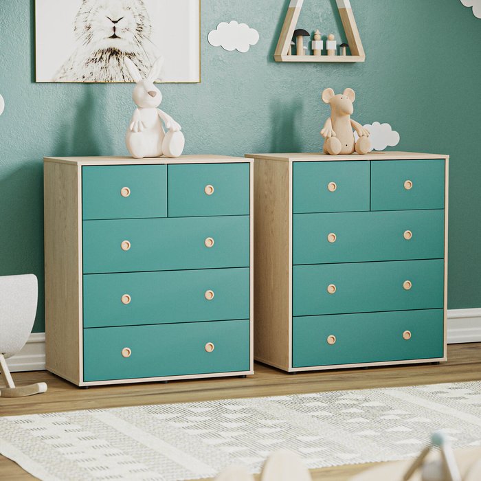 The Range | Set of 2 Neptune 5 Drawer Chests - Blue and Oak Set of 2 Neptune 5 Drawer Chests - Blue and Oak