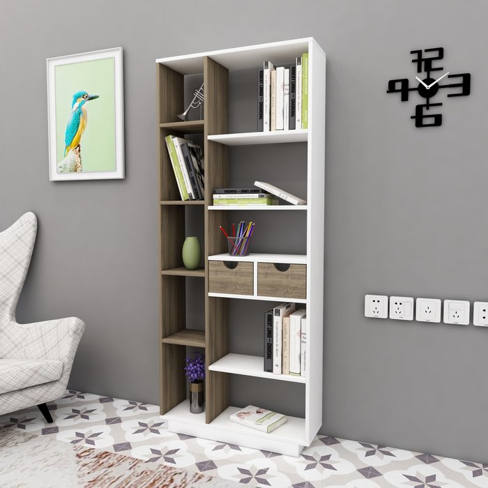 The Range | Destina Home Revna Bookcase with Drawers and Shelves - White - Walnut Destina Home Revna Bookcase with Drawers and Shelves - White - Walnut
