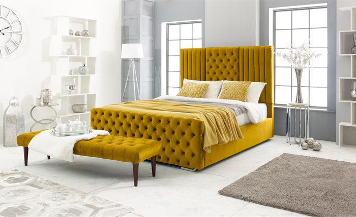The Range | Simply Eleganza Lorina Plush 4 Inch Solid Thick Bed Frame With Chesterfield Headboard - Mustard Gold / Single Simply Eleganza Lorina Plush 4 Inch Solid Thick Bed Frame With Chesterfield Headboard - Mustard Gold / Single