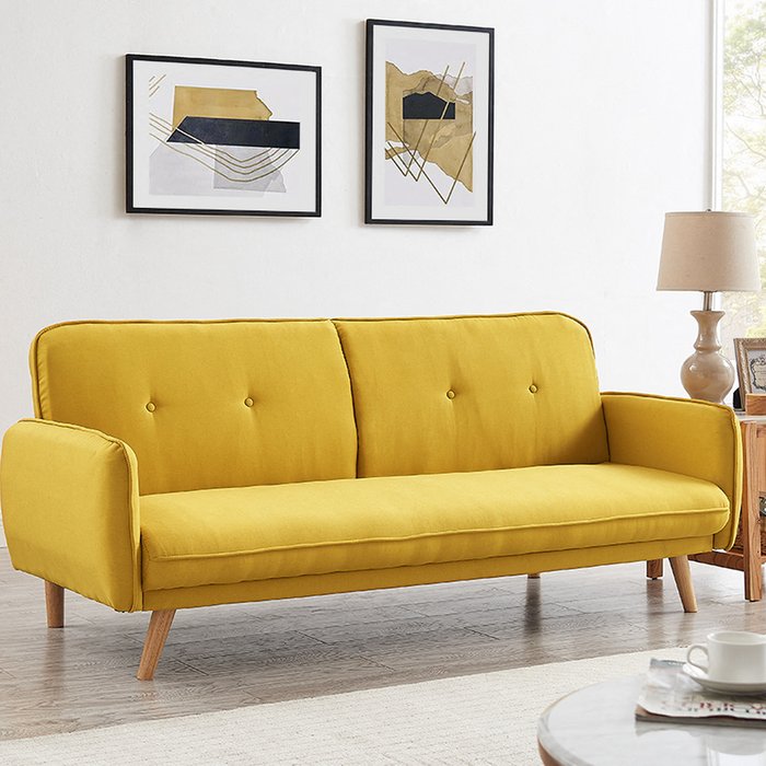 The Range | GRS Bell 3 Seater Sofa Bed Fabric With Wooden Legs and Tufted Backrest - Mustard GRS Bell 3 Seater Sofa Bed Fabric With Wooden Legs and Tufted Backrest - Mustard