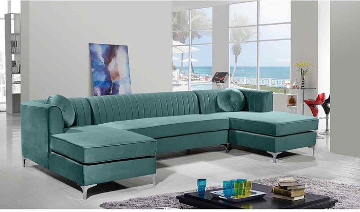 The Range | Simply Eleganza Nora Fixed Back Fluted Large U Shape Sofa - Turquoise Simply Eleganza Nora Fixed Back Fluted Large U Shape Sofa - Turquoise