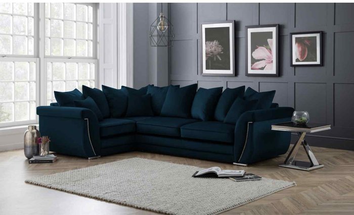 The Range | Simply Eleganza Luca Scatterback L Shape Left Hand Corner Sofa Velour Velvet Fabric with Beading - Blue Simply Eleganza Luca Scatterback L Shape Left Hand Corner Sofa Velour Velvet Fabric with Beading - Blue