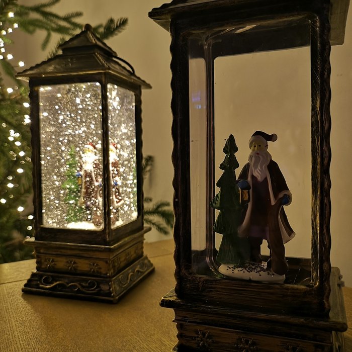 The Range | Samuel Alexander Warm White LED Glitter Water Spinner Oblong Lantern - Brown / Santa Samuel Alexander Warm White LED Glitter Water Spinner Oblong Lantern - Brown / Santa