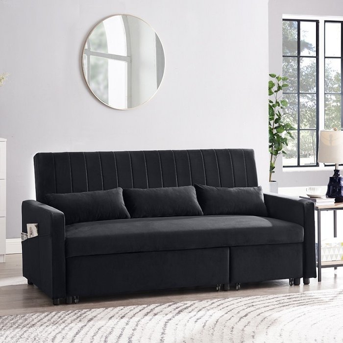 The Range | GRS Cornwall 3 Seater Sofa Bed Storage Chaise Pull Out Fabric - Black Velvet / Fabric GRS Cornwall 3 Seater Sofa Bed Storage Chaise Pull Out Fabric - Black Velvet / Fabric