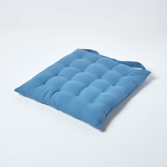 The Range | Homescapes Solid Cotton Seat Pad with Button Straps - Airforce Blue / 5cm Homescapes Solid Cotton Seat Pad with Button Straps - Airforce Blue / 5cm