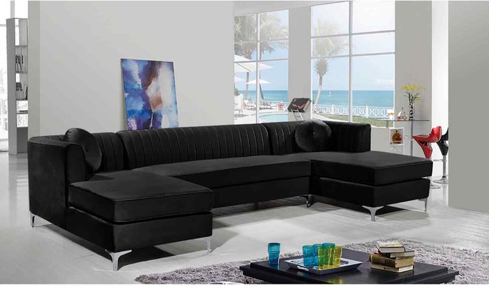 The Range | Simply Eleganza Nora Fixed Back Fluted Large U Shape Sofa - Black Simply Eleganza Nora Fixed Back Fluted Large U Shape Sofa - Black