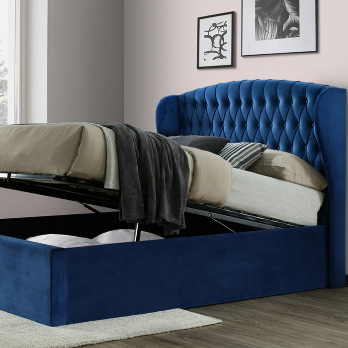 The Range | Warwick Blue Velvet Ottoman Storage Bed Kingsize Warwick Blue Velvet Ottoman Storage Bed Kingsize
