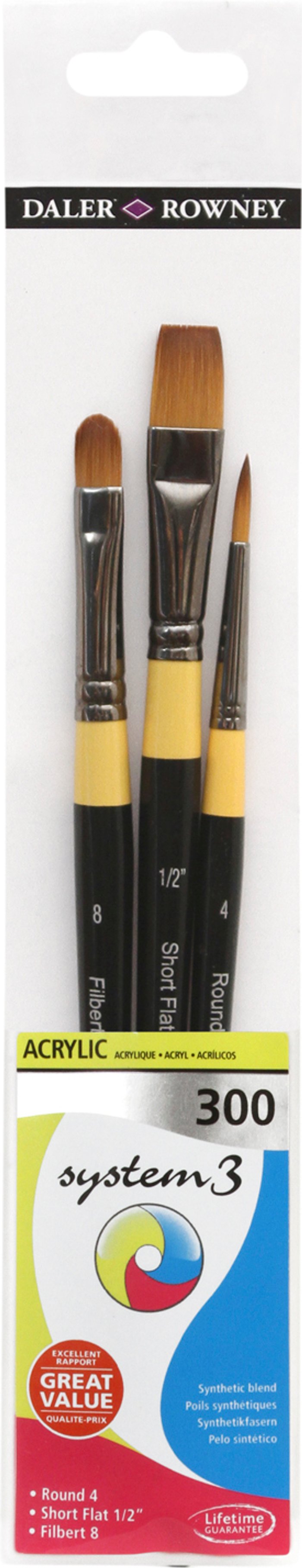 The Range | Daler-Rowney Pack of 3 Daler-Rowney System3 Short Handle 300 Brushes Daler-Rowney Pack of 3 Daler-Rowney System3 Short Handle 300 Brushes
