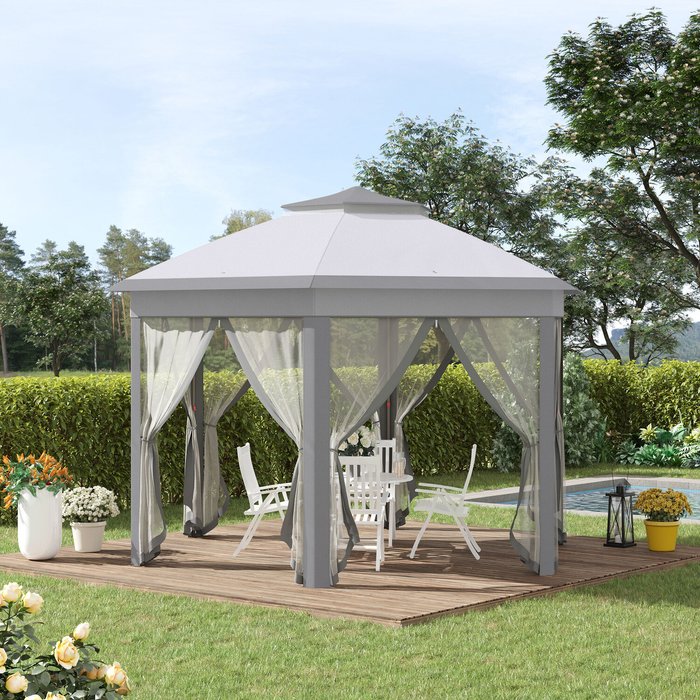 The Range | Outsunny Outsunny 4X4M Hexagon Gazebo With Metal Frame Mesh Curtains Outdoor Garden - Grey Outsunny Outsunny 4X4M Hexagon Gazebo With Metal Frame Mesh Curtains Outdoor Garden - Grey