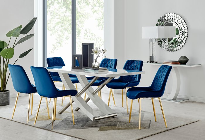 The Range | FurnitureboxUK Mayfair Large White Dining Table 6 Pesaro Gold Leg Chairs - Navy FurnitureboxUK Mayfair Large White Dining Table 6 Pesaro Gold Leg Chairs - Navy