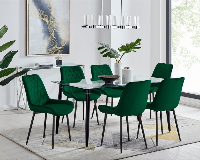 The Range | FurnitureboxUK Pisa Black Leg Glass Dining Table with 6 Pesaro Black Leg Chairs - Green FurnitureboxUK Pisa Black Leg Glass Dining Table with 6 Pesaro Black Leg Chairs - Green