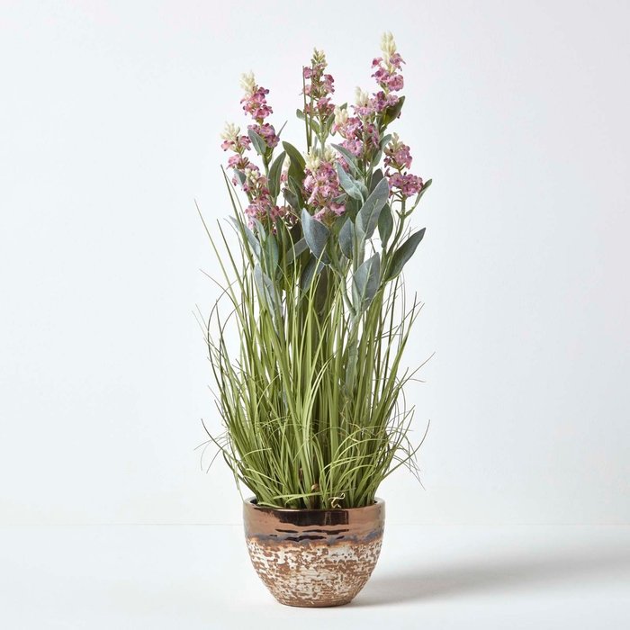 The Range | Homescapes Homescapes Artificial Pink Lavender Plant in Metallic Ceramic Pot, 66 cm Tall - Purple Homescapes Homescapes Artificial Pink Lavender Plant in Metallic Ceramic Pot, 66 cm Tall - Purple