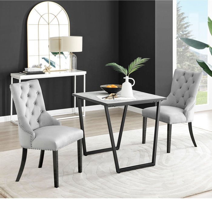 The Range | FurnitureboxUK Carson White Marble Effect Square Dining Table and 2 Belgravia Black Leg Chairs - Grey FurnitureboxUK Carson White Marble Effect Square Dining Table and 2 Belgravia Black Leg Chairs - Grey