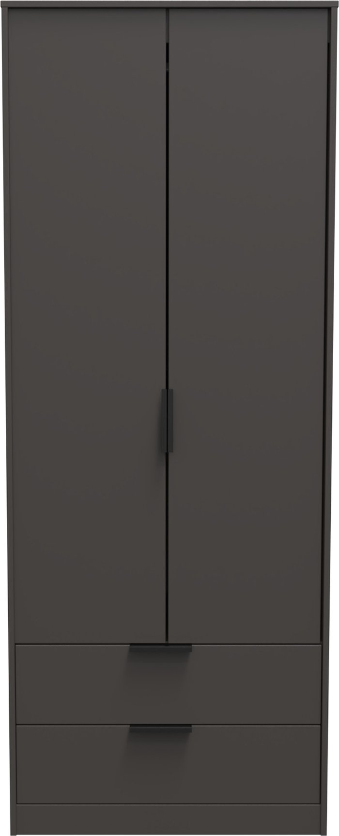The Range | Hong Kong Ready Assembled (Black Legs) Tall 2 Drawer Wardrobe - Graphite Black Hong Kong Ready Assembled (Black Legs) Tall 2 Drawer Wardrobe - Graphite Black