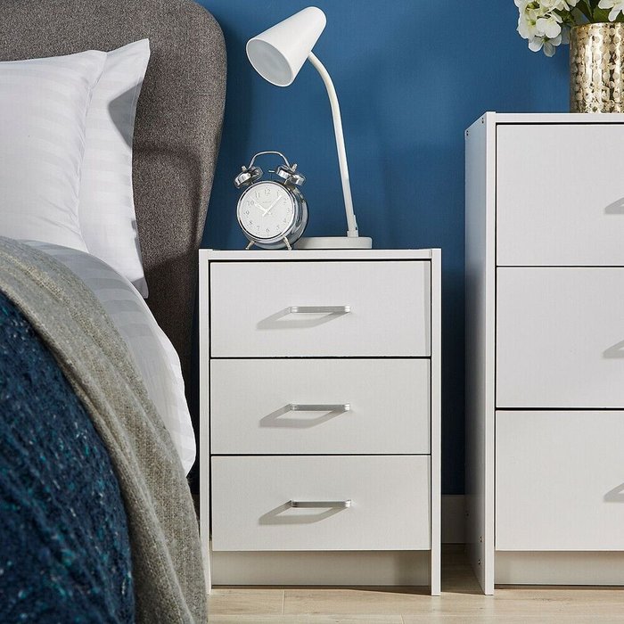 The Range | Home Source Stratford 3 Drawer Bedside Table Bedroom Storage Unit - White Home Source Stratford 3 Drawer Bedside Table Bedroom Storage Unit - White