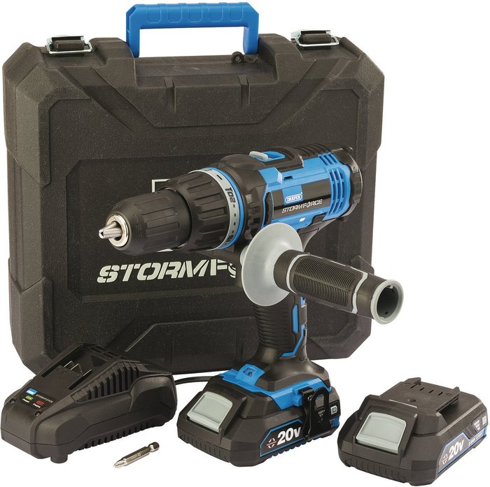 The Range | Draper Draper Stormforce 20V Hammer Drill With 2 x Batteries - Blue/Black Draper Draper Stormforce 20V Hammer Drill With 2 x Batteries - Blue/Black