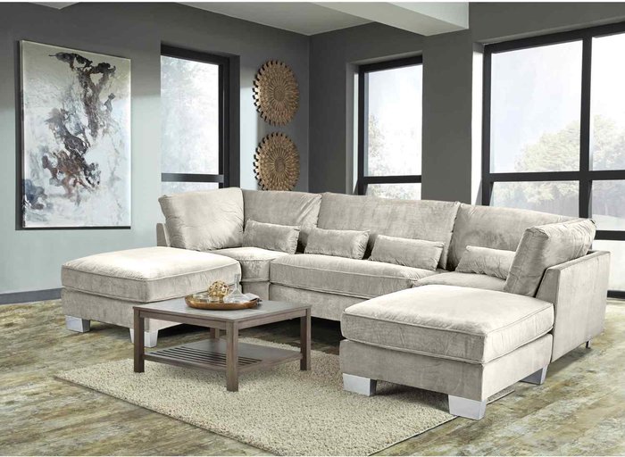 The Range | Simply Eleganza Almora Full Back Corner U Shape Sofa Velour Fabric with 2 Footstools - White Simply Eleganza Almora Full Back Corner U Shape Sofa Velour Fabric with 2 Footstools - White