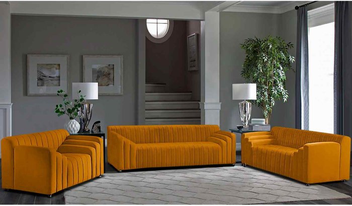 The Range | Simply Eleganza Jessica 3 Piece Flued Sofa Set in Velour Fabric - Yellow Simply Eleganza Jessica 3 Piece Flued Sofa Set in Velour Fabric - Yellow