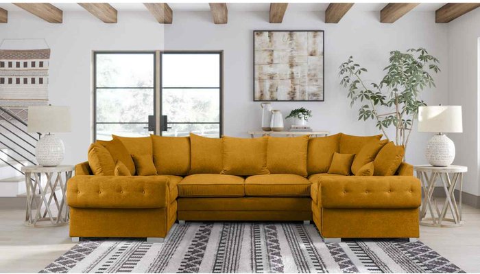 The Range | Simply Eleganza Volvo U Shape Large Sofa Scatterback Velour Velvet Fabric - Yellow Simply Eleganza Volvo U Shape Large Sofa Scatterback Velour Velvet Fabric - Yellow