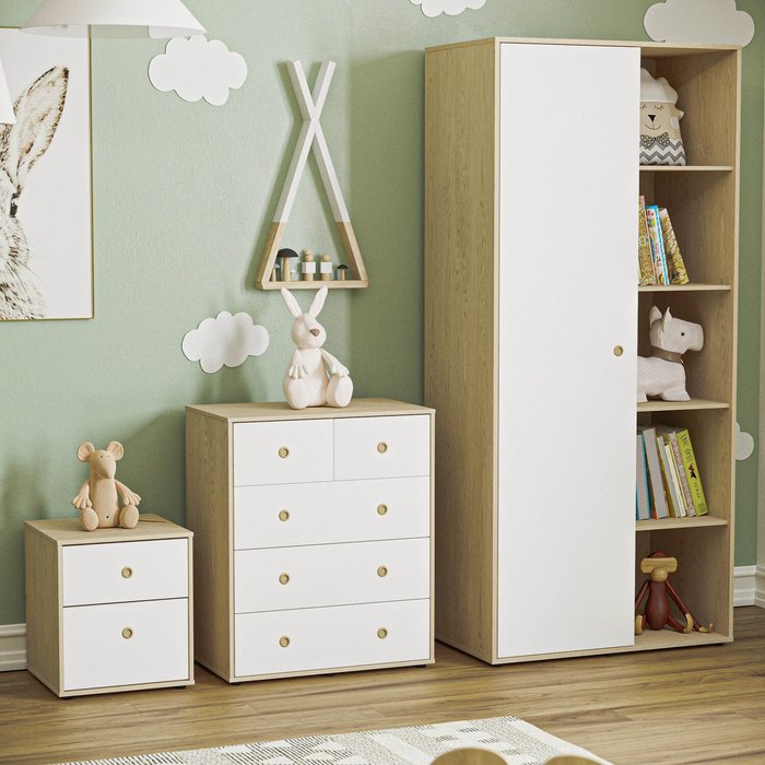 The Range | Neptune 3 Piece Bedroom Set - 2 Drawer Bedside Cabinet, 5 Drawer Chest, Wardrobe - White and Oak Neptune 3 Piece Bedroom Set - 2 Drawer Bedside Cabinet, 5 Drawer Chest, Wardrobe - White and Oak