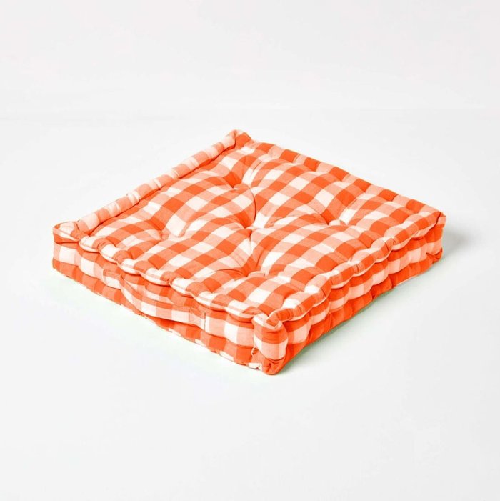 The Range | Homescapes Homescapes Cotton Block Check Floor Cushion - Orange / 50cm Homescapes Homescapes Cotton Block Check Floor Cushion - Orange / 50cm