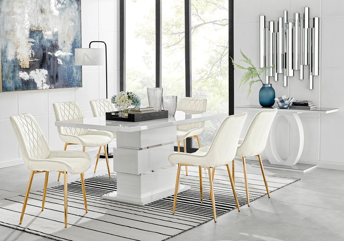The Range | FurnitureboxUK Apollo Table With Six Pesaro Gold Leg Chairs - Cream FurnitureboxUK Apollo Table With Six Pesaro Gold Leg Chairs - Cream