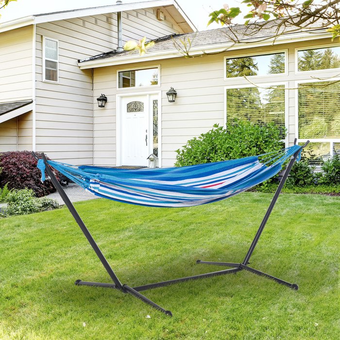 The Range | Outsunny 277 x 121cm Hammock with Metal Stand - White Stripe Outsunny 277 x 121cm Hammock with Metal Stand - White Stripe