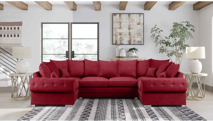 The Range | Simply Eleganza Volvo U Shape Large Sofa Scatterback Velour Velvet Fabric - Red Simply Eleganza Volvo U Shape Large Sofa Scatterback Velour Velvet Fabric - Red