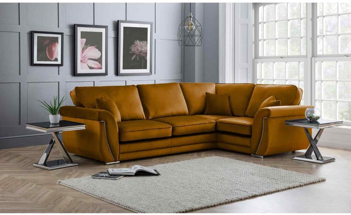 The Range | Simply Eleganza Luca Full Back L Shape Right Hand Corner Sofa Velvet Beading - Yellow Simply Eleganza Luca Full Back L Shape Right Hand Corner Sofa Velvet Beading - Yellow