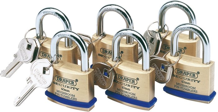 The Range | Draper Draper Solid Brass Padlock Pack of 6 Keyed Alike 40mm Standard Draper Draper Solid Brass Padlock Pack of 6 Keyed Alike 40mm Standard
