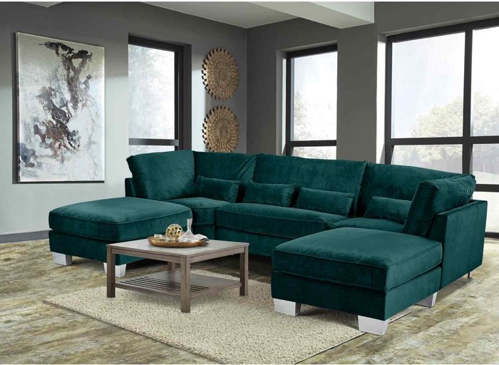 The Range | Simply Eleganza Almora Full Back Corner U Shape Sofa Velour Fabric with 2 Footstools - Green Simply Eleganza Almora Full Back Corner U Shape Sofa Velour Fabric with 2 Footstools - Green