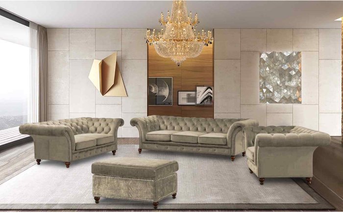 The Range | Simply Eleganza Marcus Chesterfield 4 Piece Sofa Set in Velour Fabric - Brown Simply Eleganza Marcus Chesterfield 4 Piece Sofa Set in Velour Fabric - Brown