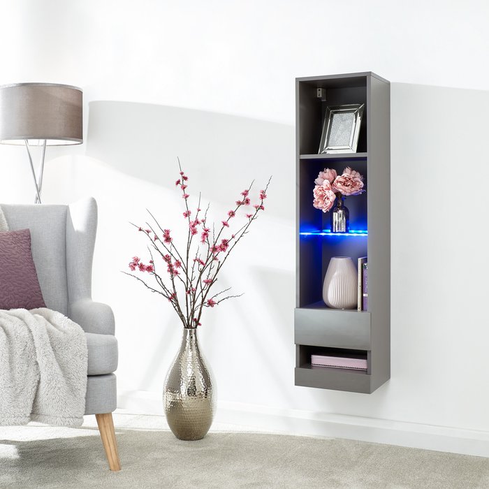 The Range | GFW Galicia Wall Mounted Tall Shelving Unit with LED - Grey GFW Galicia Wall Mounted Tall Shelving Unit with LED - Grey