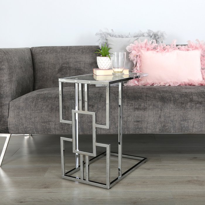 The Range | Vanity Living Sofa Table - Geo Chrome Metal Glass-Top Side End Table - Silver Vanity Living Sofa Table - Geo Chrome Metal Glass-Top Side End Table - Silver