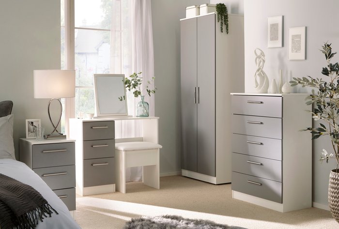 The Range | Goodland Ready Assembled 2 Drawer Bedside Cabinet With Wireless Charging Dusk Grey/White Goodland Ready Assembled 2 Drawer Bedside Cabinet With Wireless Charging Dusk Grey/White