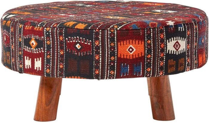 The Range | Homescapes Kilim Footstool with Wooden Legs - Red, Brown and Orange Homescapes Kilim Footstool with Wooden Legs - Red, Brown and Orange