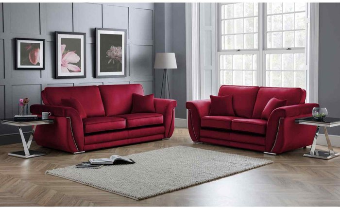The Range | Simply Eleganza Luca 3 and 2 Seater Full Back Sofa Set Velvet with Beading - Red Simply Eleganza Luca 3 and 2 Seater Full Back Sofa Set Velvet with Beading - Red