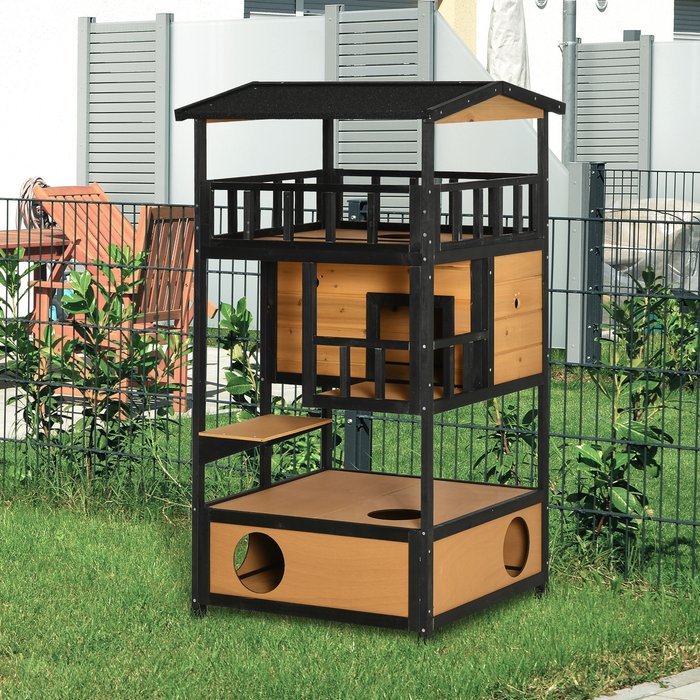 The Range | PawHut Wooden Outdoor Cat House 3-Tier Kitten Shelter Lodge with Terrace - Yellow PawHut Wooden Outdoor Cat House 3-Tier Kitten Shelter Lodge with Terrace - Yellow