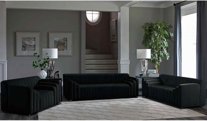 The Range | Simply Eleganza Jessica 3 Piece Flued Sofa Set in Velour Fabric - Black Simply Eleganza Jessica 3 Piece Flued Sofa Set in Velour Fabric - Black