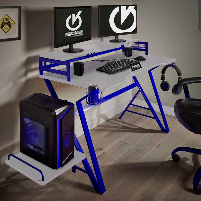 The Range | Virtuoso PRO VX01 Gaming Desk with Raised Shelves in White Blue - Blue Virtuoso PRO VX01 Gaming Desk with Raised Shelves in White Blue - Blue