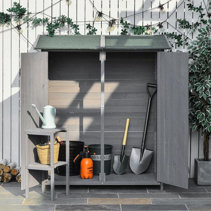 The Range | Outsunny Garden Wood Storage Shed with Flexible Table - Grey / 75cm Outsunny Garden Wood Storage Shed with Flexible Table - Grey / 75cm