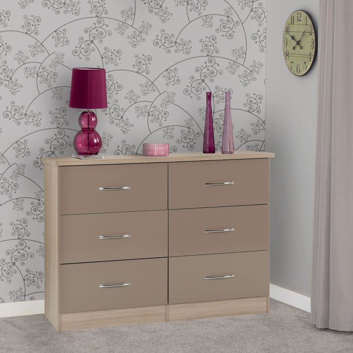 The Range | Seconique Nevada 6 Drawer Chest - Oyster Gloss, Light Oak Seconique Nevada 6 Drawer Chest - Oyster Gloss, Light Oak