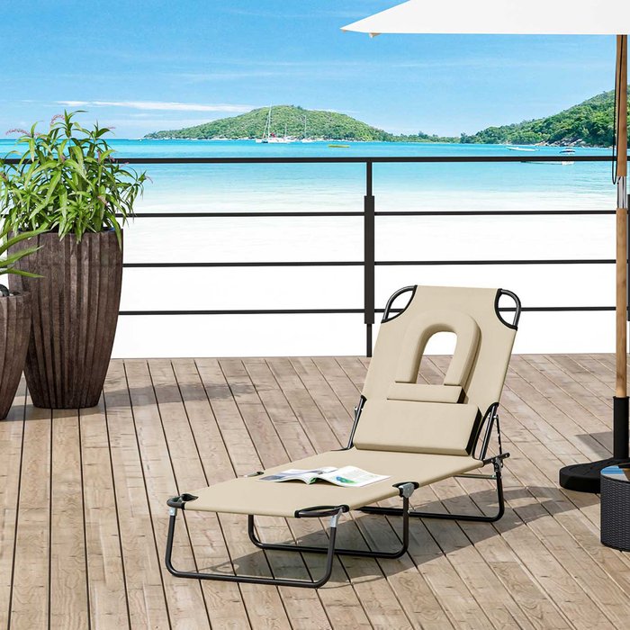 The Range | Outsunny Folding Sun Lounger with Pillow - Beige Outsunny Folding Sun Lounger with Pillow - Beige