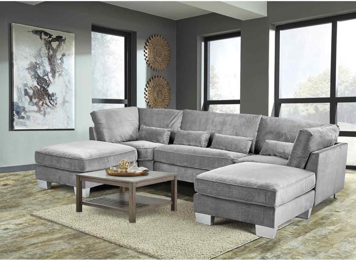 The Range | Simply Eleganza Almora Full Back Corner U Shape Sofa Velour Fabric with 2 Footstools - Grey Simply Eleganza Almora Full Back Corner U Shape Sofa Velour Fabric with 2 Footstools - Grey