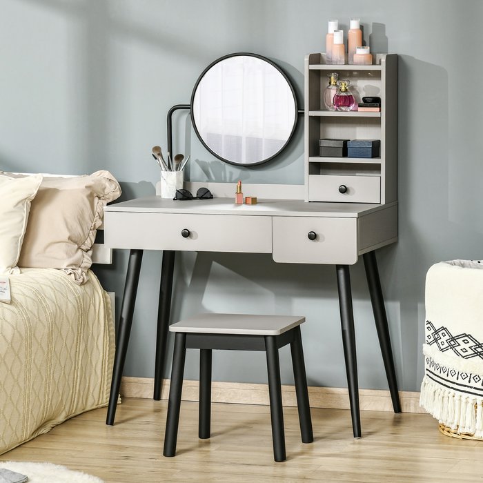 The Range | HOMCOM Dressing Table Set with Round Mirror and Stool - Grey HOMCOM Dressing Table Set with Round Mirror and Stool - Grey