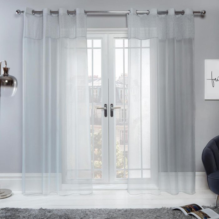 The Range | Sienna Sienna Pair Lurex Sparkle Glitter Voile Net Curtain Eyelet Top Silver Grey Panel Silver Grey Sienna Sienna Pair Lurex Sparkle Glitter Voile Net Curtain Eyelet Top Silver Grey Panel Silver Grey