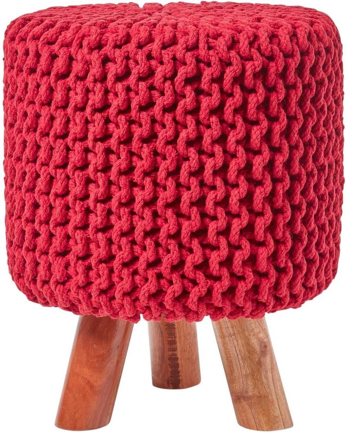 The Range | Homescapes Knitted Cotton Footstool with Wooden Legs - Red / 32cm Homescapes Knitted Cotton Footstool with Wooden Legs - Red / 32cm