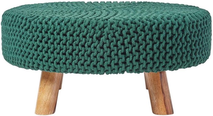The Range | Homescapes Knitted Cotton Tall Footstool with Wooden Legs - Forest Green / 62cm Homescapes Knitted Cotton Tall Footstool with Wooden Legs - Forest Green / 62cm