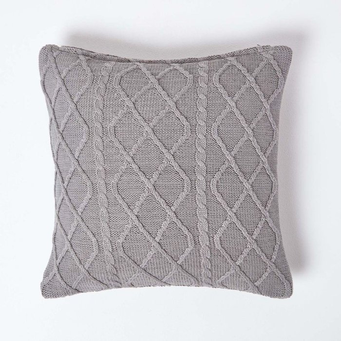 The Range | Homescapes Diamond Cable Knit Cushion Cover - Grey Homescapes Diamond Cable Knit Cushion Cover - Grey