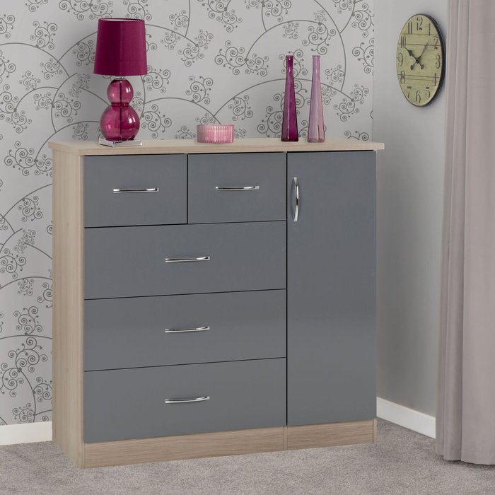 The Range | Seconique Nevada 5 Drawer Low Wardrobe - Grey Gloss, Light Oak Seconique Nevada 5 Drawer Low Wardrobe - Grey Gloss, Light Oak